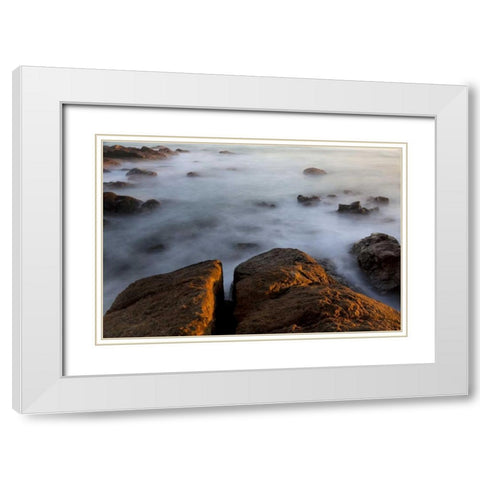South Africa Sunset on ocean and shore rocks White Modern Wood Framed Art Print with Double Matting by Young, Bill