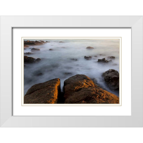 South Africa Sunset on ocean and shore rocks White Modern Wood Framed Art Print with Double Matting by Young, Bill