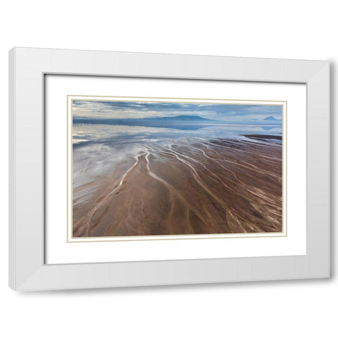 Africa-Tanzania-Aerial view of streams winding along shore and distant Ol Doinyo Lengai volcano White Modern Wood Framed Art Print with Double Matting by Souders, Paul