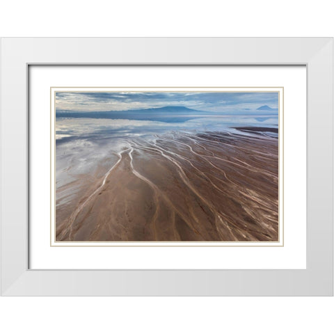 Africa-Tanzania-Aerial view of streams winding along shore and distant Ol Doinyo Lengai volcano White Modern Wood Framed Art Print with Double Matting by Souders, Paul