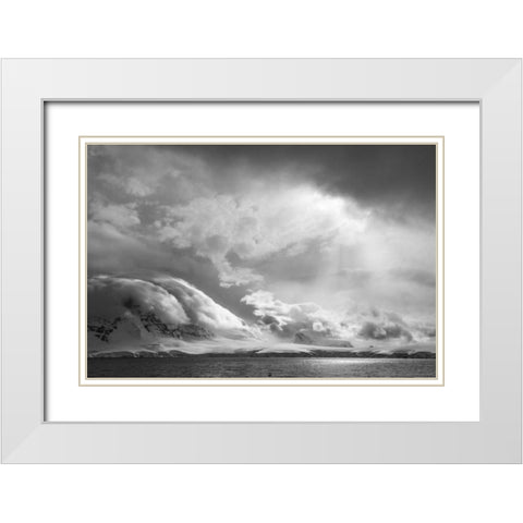 Antarctica, Stormy snow clouds over peninsula White Modern Wood Framed Art Print with Double Matting by Young, Bill