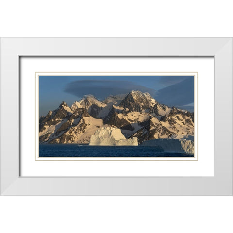 Antarctica-South Georgia Island-Coopers Bay Icebergs and mountains at sunrise  White Modern Wood Framed Art Print with Double Matting by Jaynes Gallery