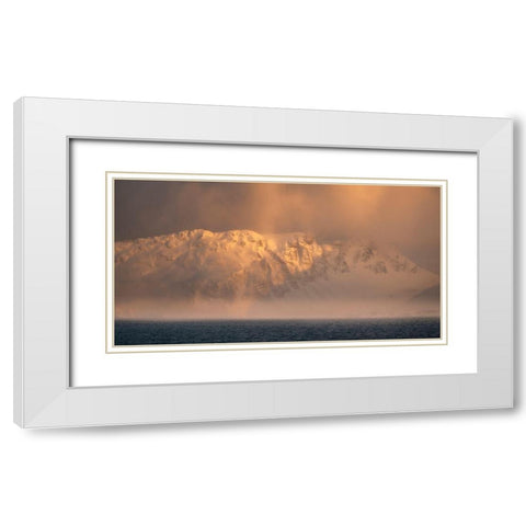 Antarctica-South Georgia Island-Bay of Isles Sunrise panoramic of fog on mountain and ocean  White Modern Wood Framed Art Print with Double Matting by Jaynes Gallery