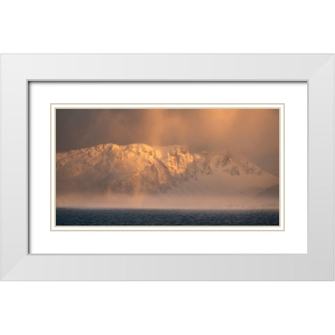 Antarctica-South Georgia Island-Bay of Isles Sunrise panoramic of fog on mountain and ocean  White Modern Wood Framed Art Print with Double Matting by Jaynes Gallery
