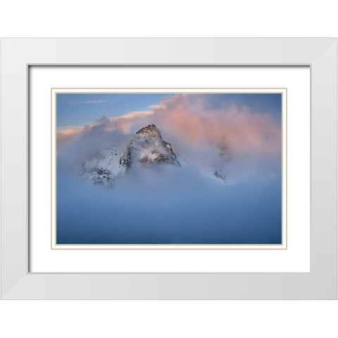 Antarctica-South Georgia Island-Stromness Bay Cloud-covered mountain at sunset  White Modern Wood Framed Art Print with Double Matting by Jaynes Gallery