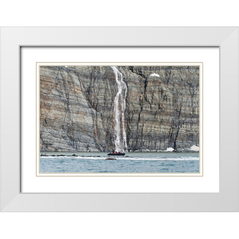 Zodiac approaching waterfall and king penguins on the beach-Gold Harbour-South Georgia-Antarctica White Modern Wood Framed Art Print with Double Matting by Su, Keren