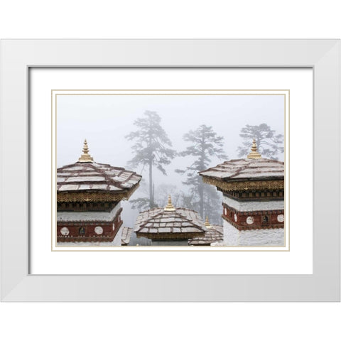 Bhutan, Dochu La Chortens and trees in fog White Modern Wood Framed Art Print with Double Matting by Kirkland, Dennis