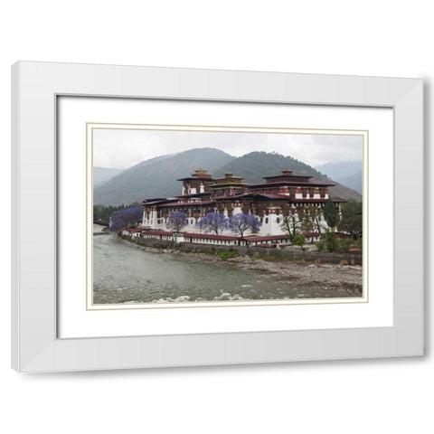 Bhutan Punakha Dzong palace with jacaranda White Modern Wood Framed Art Print with Double Matting by Kirkland, Dennis