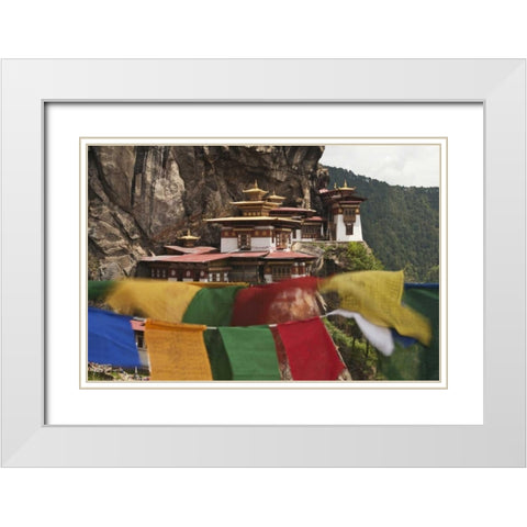 Bhutan Prayer flags hang near Taktshang White Modern Wood Framed Art Print with Double Matting by Kirkland, Dennis