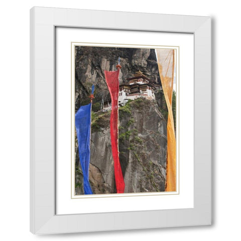 Bhutan Prayer flags hang near Taktshang White Modern Wood Framed Art Print with Double Matting by Kirkland, Dennis
