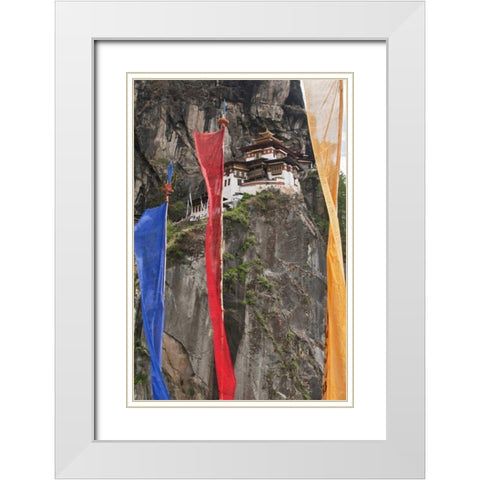 Bhutan Prayer flags hang near Taktshang White Modern Wood Framed Art Print with Double Matting by Kirkland, Dennis