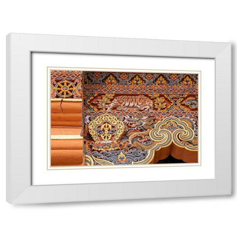 Bhutan Traditional hand painted and carved wooden architectural detail with tiger and dragon White Modern Wood Framed Art Print with Double Matting by Hopkins, Cindy Miller