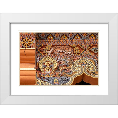 Bhutan Traditional hand painted and carved wooden architectural detail with tiger and dragon White Modern Wood Framed Art Print with Double Matting by Hopkins, Cindy Miller