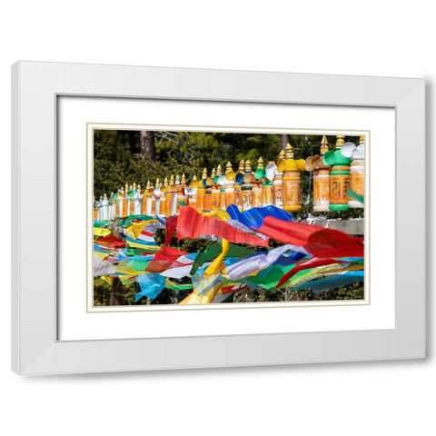 Bhutan-Paro Colorful prayer wheels and flags along the hiking trail to the Tigers Nest Monastery White Modern Wood Framed Art Print with Double Matting by Hopkins, Cindy Miller