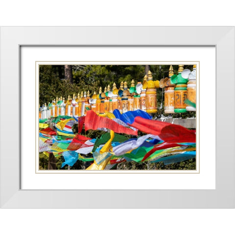 Bhutan-Paro Colorful prayer wheels and flags along the hiking trail to the Tigers Nest Monastery White Modern Wood Framed Art Print with Double Matting by Hopkins, Cindy Miller