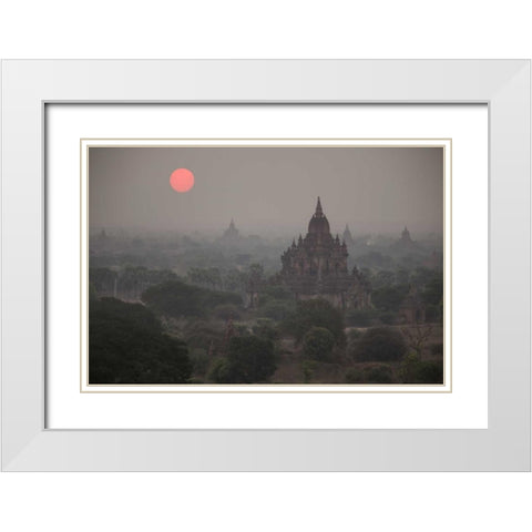 Myanmar, Bagan Sunrise on Buddhist temples White Modern Wood Framed Art Print with Double Matting by Zuckerman, Jim