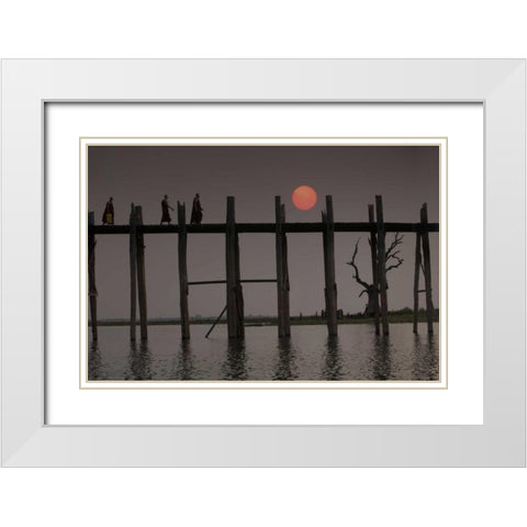 Myanmar, Amarapura Monks crossing U Bein Bridge White Modern Wood Framed Art Print with Double Matting by Zuckerman, Jim