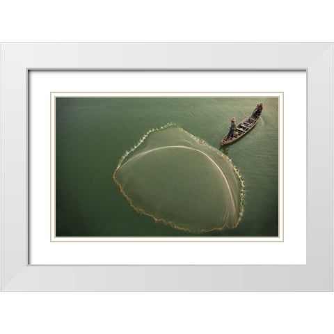 Myanmar, Fisherman casting net on Irrawaddy River White Modern Wood Framed Art Print with Double Matting by Zuckerman, Jim