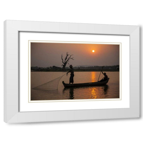 Myanmar, Amarapura Fishermen on Irrawaddy River White Modern Wood Framed Art Print with Double Matting by Zuckerman, Jim