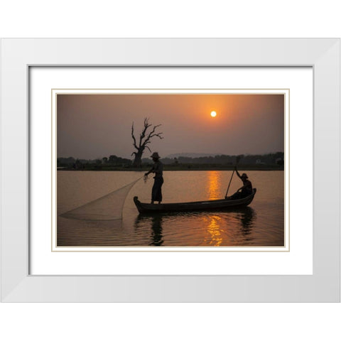 Myanmar, Amarapura Fishermen on Irrawaddy River White Modern Wood Framed Art Print with Double Matting by Zuckerman, Jim