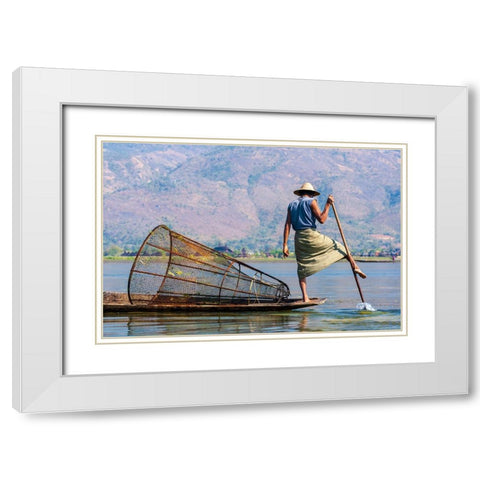 Inlay Lake-Shan State-Myanmar-Fisherman balances between his canoe and pole White Modern Wood Framed Art Print with Double Matting by Haseltine, Tom