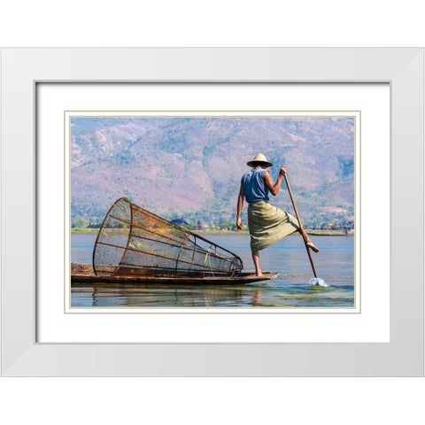Inlay Lake-Shan State-Myanmar-Fisherman balances between his canoe and pole White Modern Wood Framed Art Print with Double Matting by Haseltine, Tom