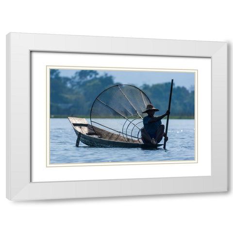 Inlay Lake-Shan State-Myanmar-Fisherman poles his canoe White Modern Wood Framed Art Print with Double Matting by Haseltine, Tom