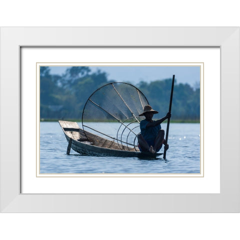 Inlay Lake-Shan State-Myanmar-Fisherman poles his canoe White Modern Wood Framed Art Print with Double Matting by Haseltine, Tom