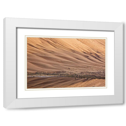 China, Badain Jaran Dune and trees by a lake White Modern Wood Framed Art Print with Double Matting by Anon, Ellen