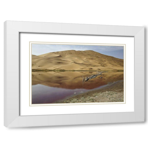 China, Badain Jaran Desert Dune reflects in lake White Modern Wood Framed Art Print with Double Matting by Anon, Ellen