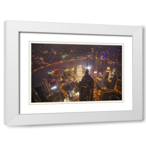 China, Shanghai Downtown buildings at night White Modern Wood Framed Art Print with Double Matting by Zuckerman, Jim