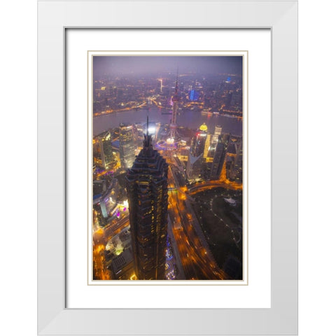 China, Shanghai Downtown buildings at night White Modern Wood Framed Art Print with Double Matting by Zuckerman, Jim