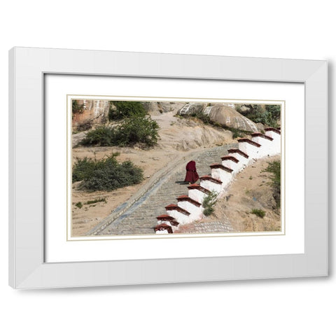 Monk walking the stairs in Drepung Monastery-Gelug university monasteries of Tibet-Lhasa-Tibet-China White Modern Wood Framed Art Print with Double Matting by Su, Keren