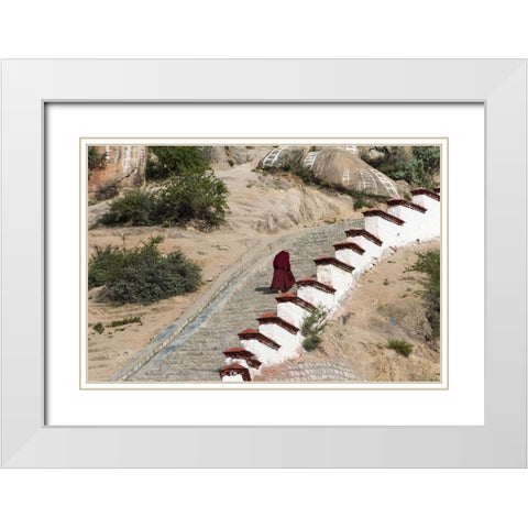 Monk walking the stairs in Drepung Monastery-Gelug university monasteries of Tibet-Lhasa-Tibet-China White Modern Wood Framed Art Print with Double Matting by Su, Keren