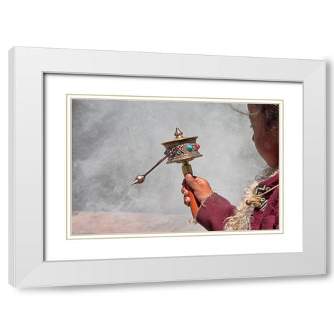 Tibetan girl-prayer wheel-Drepung Monastery-Gelug university monasteries of Tibet-Lhasa-Tibet-China White Modern Wood Framed Art Print with Double Matting by Su, Keren