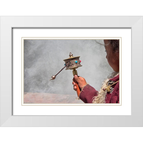 Tibetan girl-prayer wheel-Drepung Monastery-Gelug university monasteries of Tibet-Lhasa-Tibet-China White Modern Wood Framed Art Print with Double Matting by Su, Keren