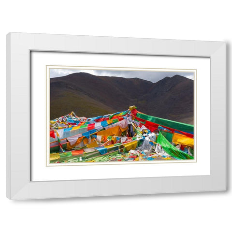 Prayer flags on Tibetan Plateau with Tanggula Mountain-Namtso-Lake Nam-Tibet-China White Modern Wood Framed Art Print with Double Matting by Su, Keren