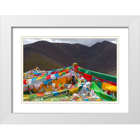 Prayer flags on Tibetan Plateau with Tanggula Mountain-Namtso-Lake Nam-Tibet-China White Modern Wood Framed Art Print with Double Matting by Su, Keren