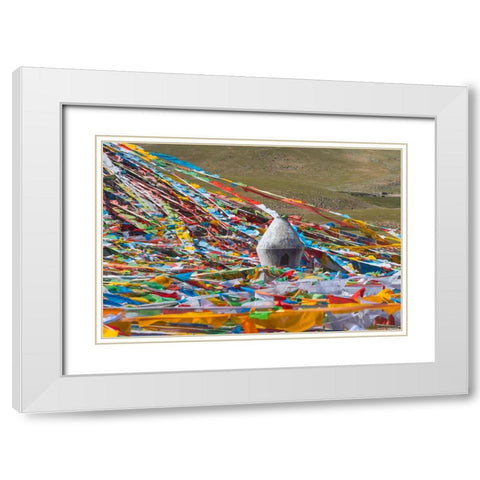 Prayer flags with juniper incense burner on Tibetan Plateau-Namtso-Lake Nam-Tibet-China White Modern Wood Framed Art Print with Double Matting by Su, Keren