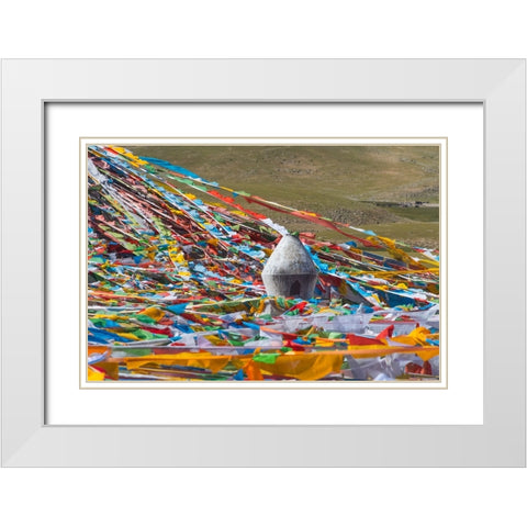 Prayer flags with juniper incense burner on Tibetan Plateau-Namtso-Lake Nam-Tibet-China White Modern Wood Framed Art Print with Double Matting by Su, Keren