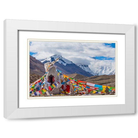 Mani pile and prayer flags in Rongbuk Valley-Lhotse peak-Mt-Everest-Shigatse Prefecture-Tibet-China White Modern Wood Framed Art Print with Double Matting by Su, Keren