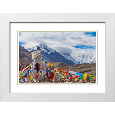 Mani pile and prayer flags in Rongbuk Valley-Lhotse peak-Mt-Everest-Shigatse Prefecture-Tibet-China White Modern Wood Framed Art Print with Double Matting by Su, Keren