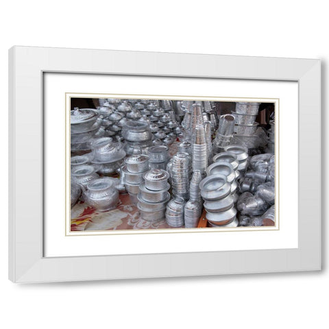 India-Delhi-Old Delhi Aluminum vendor-detail of goods for sale White Modern Wood Framed Art Print with Double Matting by Hopkins, Cindy Miller