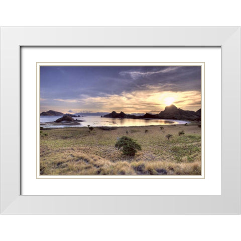 Indonesia, Komodo NP Sunset over an islands White Modern Wood Framed Art Print with Double Matting by Shimlock, Jones