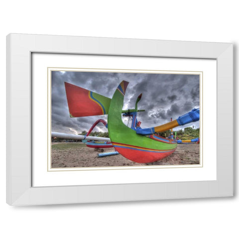Indonesia, Bali Outrigger boats on beach White Modern Wood Framed Art Print with Double Matting by Shimlock, Jones