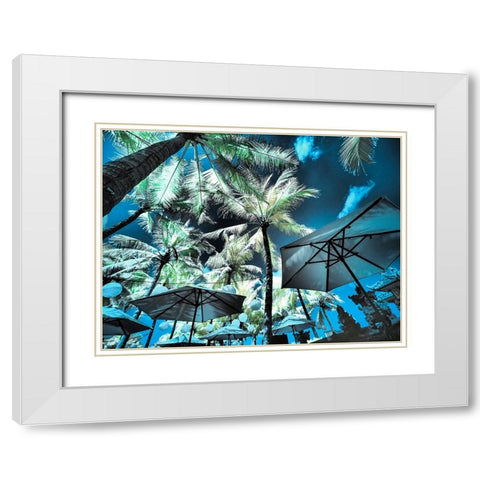 Bali-Ubud-Umbrellas-Ponds and pools at hotel in Ubud White Modern Wood Framed Art Print with Double Matting by Eggers, Terry