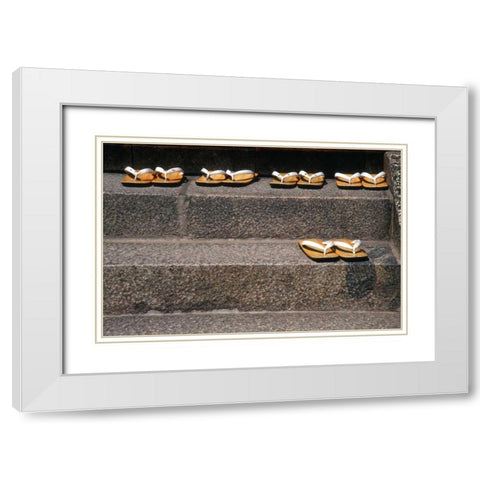 Japan, Kyoto Zori sandals on steps of a shrine White Modern Wood Framed Art Print with Double Matting by Ross, Nancy ,  Steve
