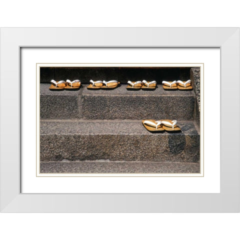 Japan, Kyoto Zori sandals on steps of a shrine White Modern Wood Framed Art Print with Double Matting by Ross, Nancy ,  Steve
