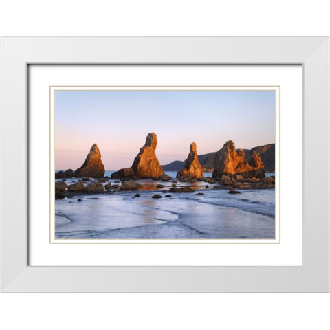 Japan, Wakagama Hashiguiiwa Rocks at sunset White Modern Wood Framed Art Print with Double Matting by Flaherty, Dennis