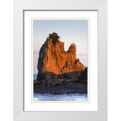 Japan, Wakagama  Hashiguiiwa Rocks at sunset White Modern Wood Framed Art Print with Double Matting by Flaherty, Dennis